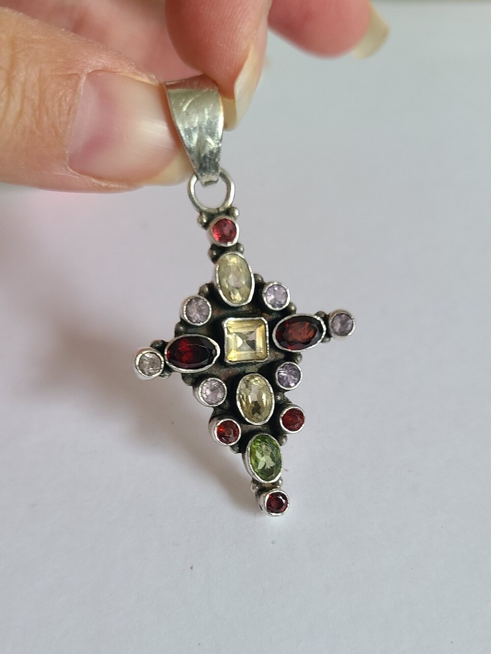 Vintage Boho Sterling Silver Citrine Garnet Colourful Gemstone Cross Pendant